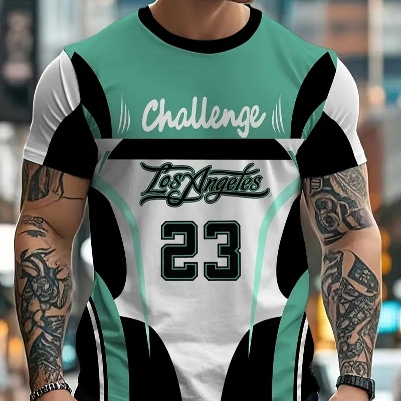 Men's "Challenge 23" Graphic Color Block T-Shirt - Sports-Inspired Casual Tee-41