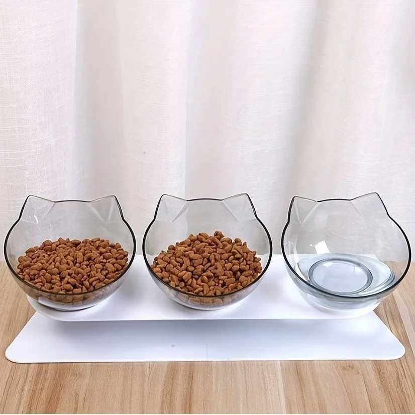 Three in one ergonomic pet bowl set with tilt design and high stand neck protection durable PP material C251009