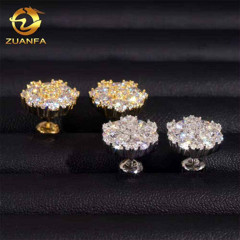 Hip Hop 14K Real White Gold Round Lab Diamond Cluster Flower Earrings EverLasting Gift for Women Men Fine Jewelry