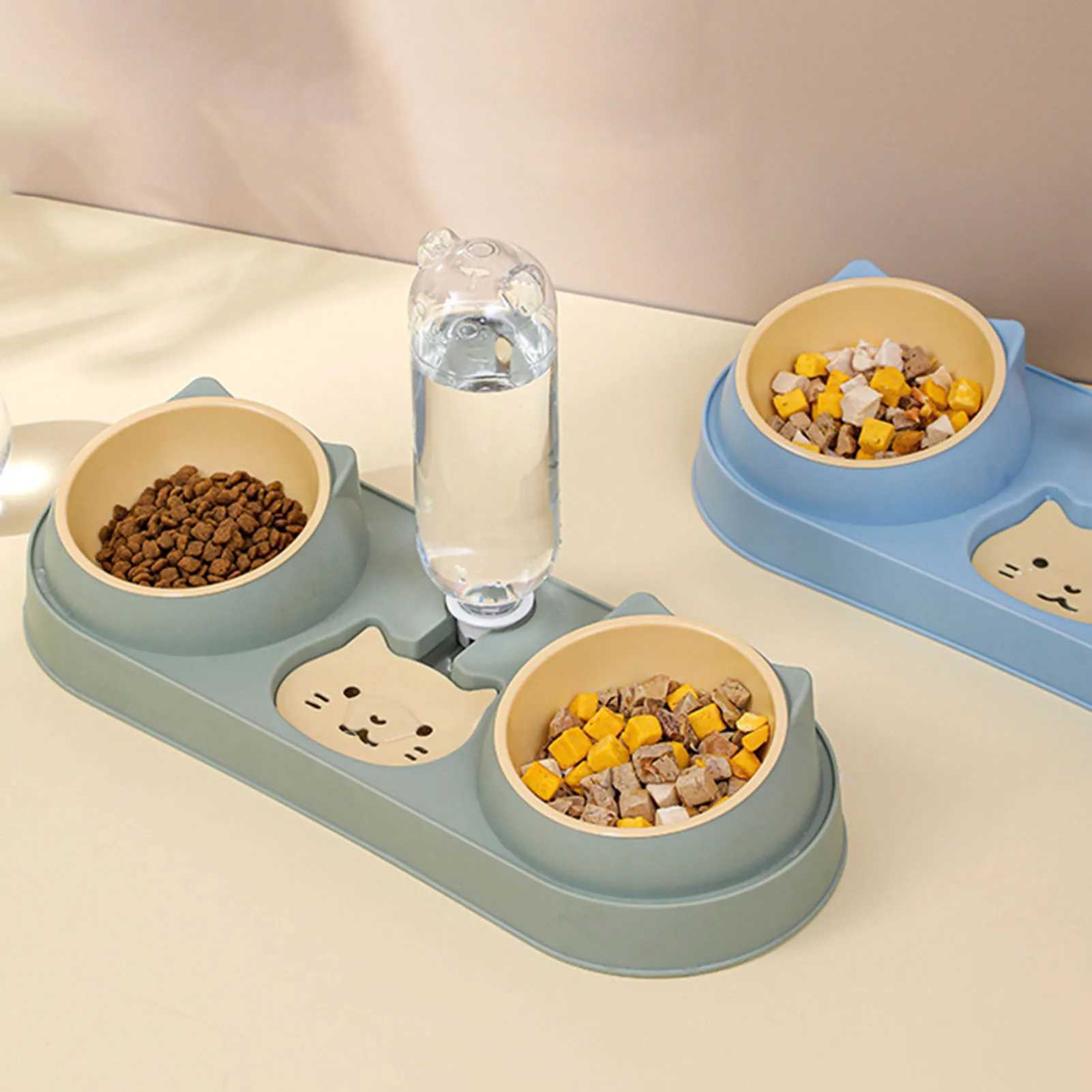 Pet Cat Bowl Automatic Feeder Dog Food Bowl With Water Fountain Double Bowl Drinking Raised Stand Dish Bowls For Cats C251009