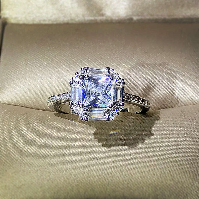 Designer Jewellery High Quality Moissanite Plated Four Prong Princess Cut Diamond Ring Wedding Couple Rings Fresh Sweet Textured Modern Bridal Jewelry - view 4