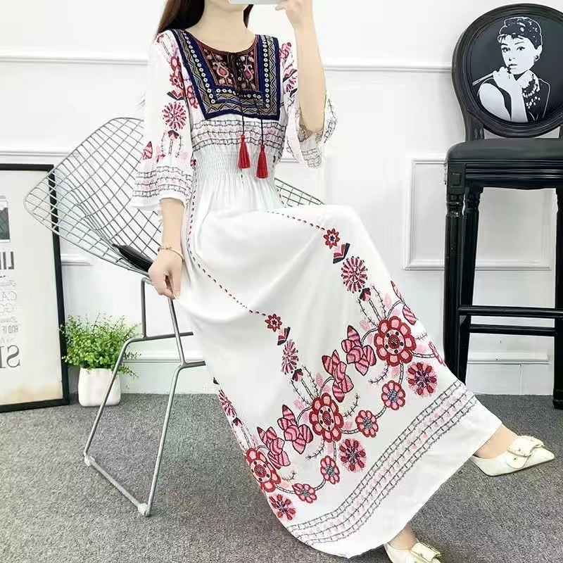 Womens evening dress retro print Sundress summer flame sleeves casual loose Vestido 250328