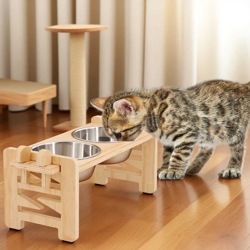 Adjustable Heightened Cat Bowl Stand for Small Dogs and Cats Sturdy Wooden Pet Food Feeder with 2 Stainless Steel Bowls C251009