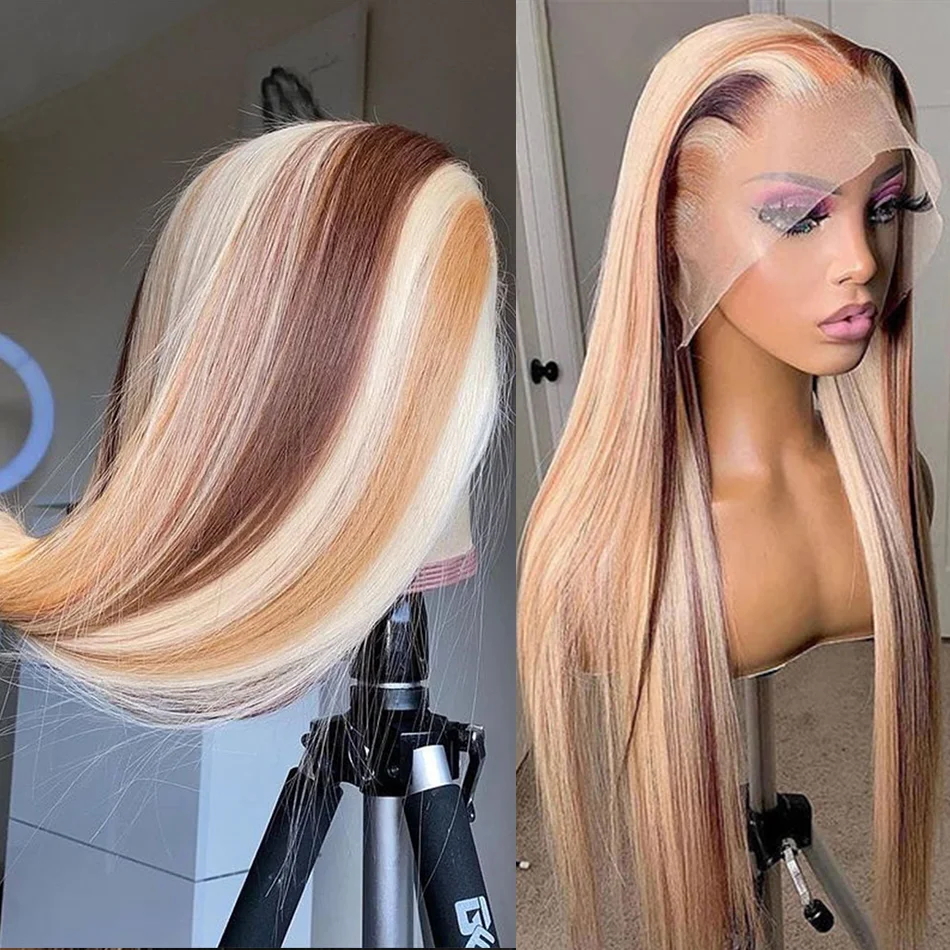 180 Density Brazilian Highlight Blonde Colored Simulation Human Hair Wig Body Wave Ombre HD Transparent Straight Lace Front Wigs For Women