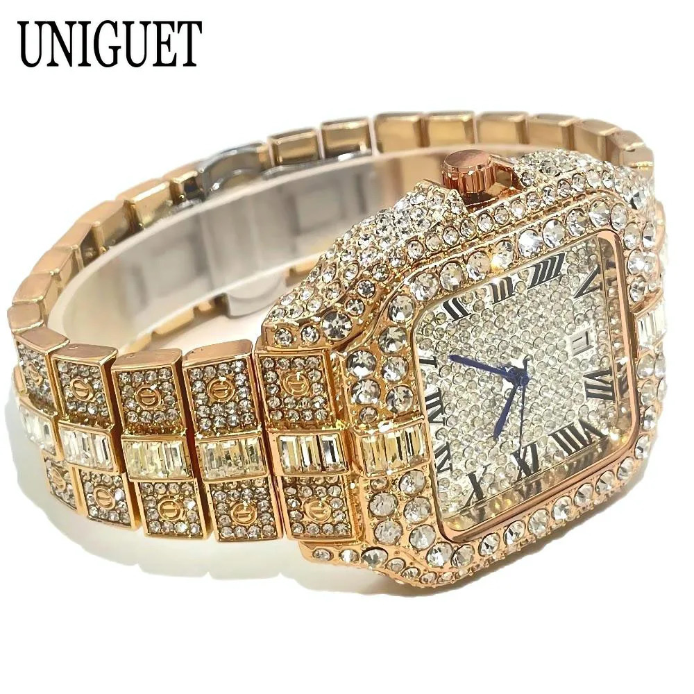 UNIGUET Fashion Watch For Men Rose Square Iced Out Quartz Watch Man Hip Hop Full Diamond Jewelry Wristwatch Reloj HombreU 251107