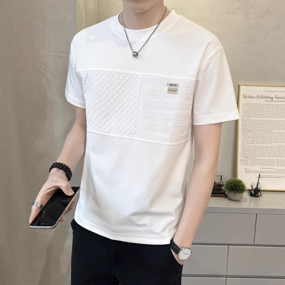2025 Summer New Patchwork Designer Shirt Striped Round Neck Short Sleeve Men's Ice Silk Designer Hoodie Cotton Trendy Slim Fit Cool White T-shirt Men's Clothing