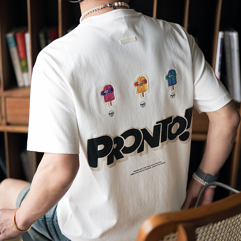 2025 Hong Kong Style Trend Designer Shirt Heavy Embroidery Short Sleeve T-shirt For Men Designer Hoodie Spring Summer New Patch Print Loose Half Sleeve Tee
