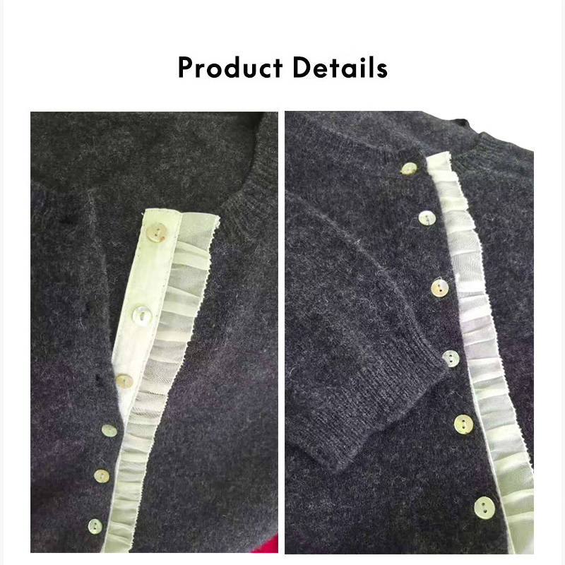 Women's Ruffled Button Crew Neck Knitted Cardigan, Autumn Coat, Soft & High Elasticity, Pure Wool for Daily Casual-1705