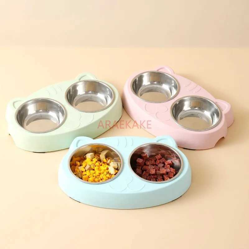 1pcs Pet Double Bowl Plastic Kitten Dog Food Drinking Tray Feeder Cat Feeding Pet Supplies Accessories bowl C251009