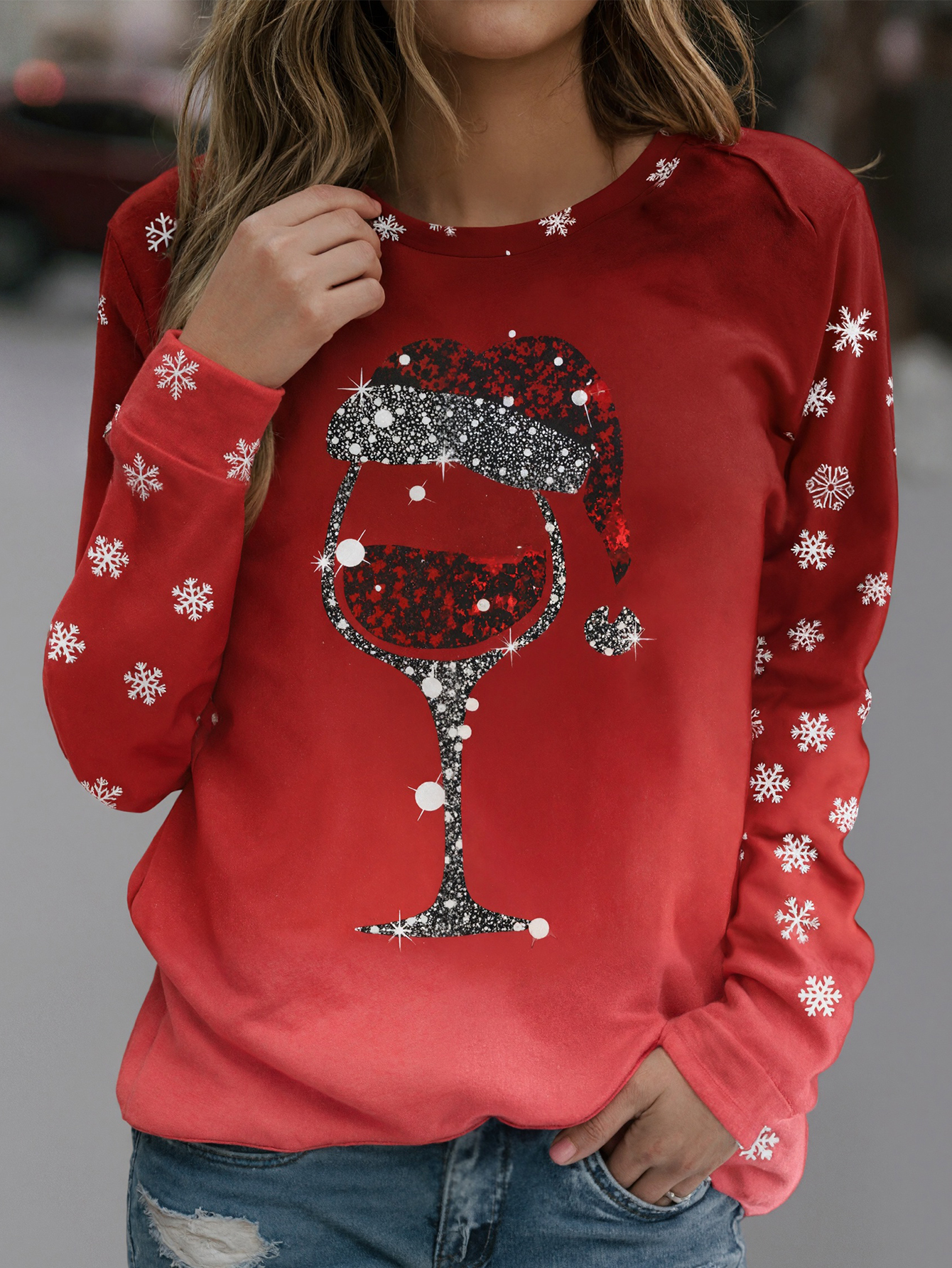 Women's New Christmas Wine Glass & Snowflake Print Sweatshirt - Festive Versatile Top-CF25317