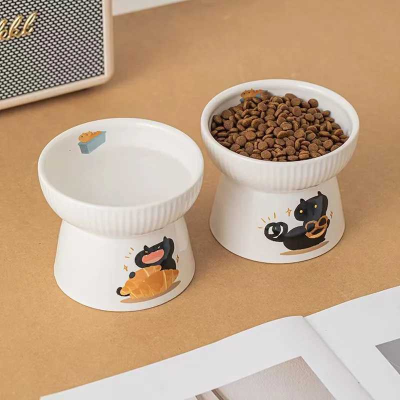 Elevated Ceramic Cat Bowl Wide Mouth AntiSlip Pet Dish Neck Protection Design Prevents Spills C251009