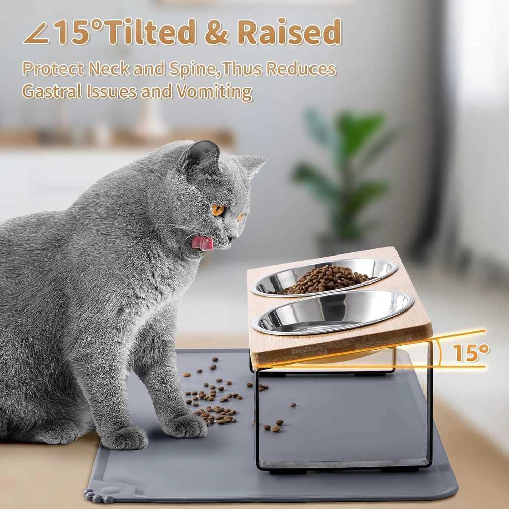 Elevated Cat Bowls with Food Mat 15 Tilted Stand Anti Vomiting Raised Cat Dishes with Silicone Pad for Food and Water for Cats C251009