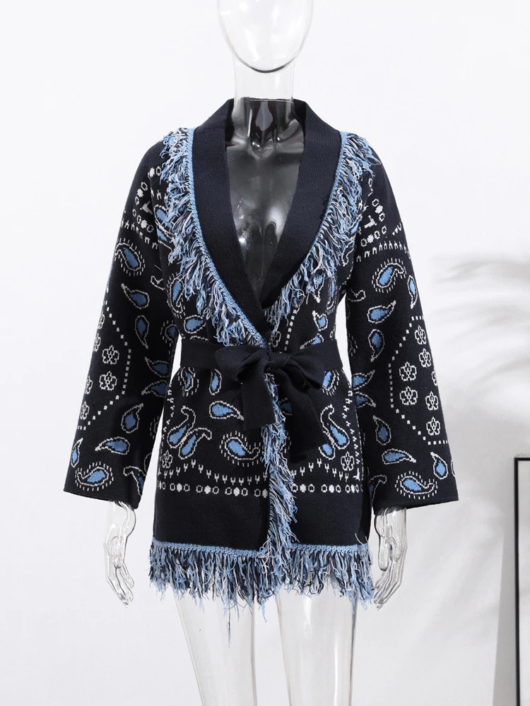 Fashion Tassel Patchwork Knitted Cardigan With Belt Women Long Sleeve Vneck Floral Lace Up Sweater 2025 Autumn Outerwear Street 250929