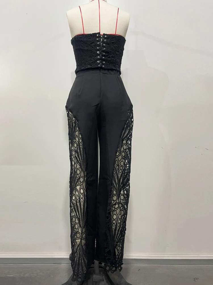 Beyprern Elegant Hollow Out Lace Breast Croset Tube Top And Wide Legs Pants Set Womens Lace Tracksuits Palazzo Set Sexy Clubwear 251008