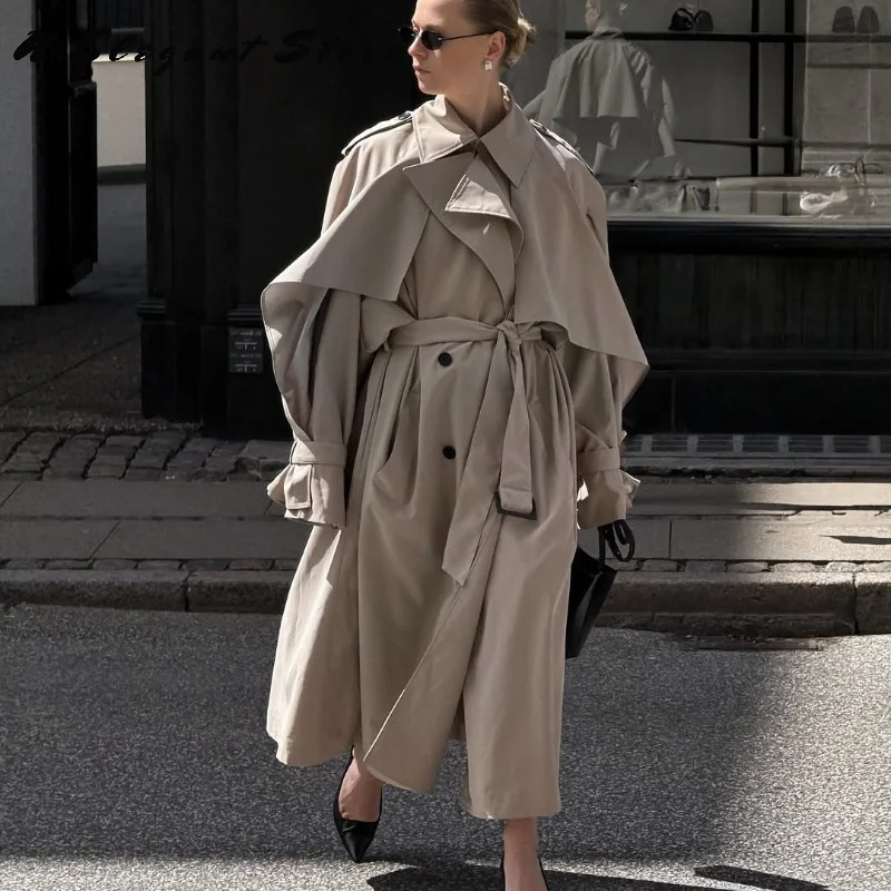 Womens Autumn Winter Long Trench Coat Lapel Full Sleeve Long Jacket With Belt Casual Outwears 2025 Lady Streetwear 250929