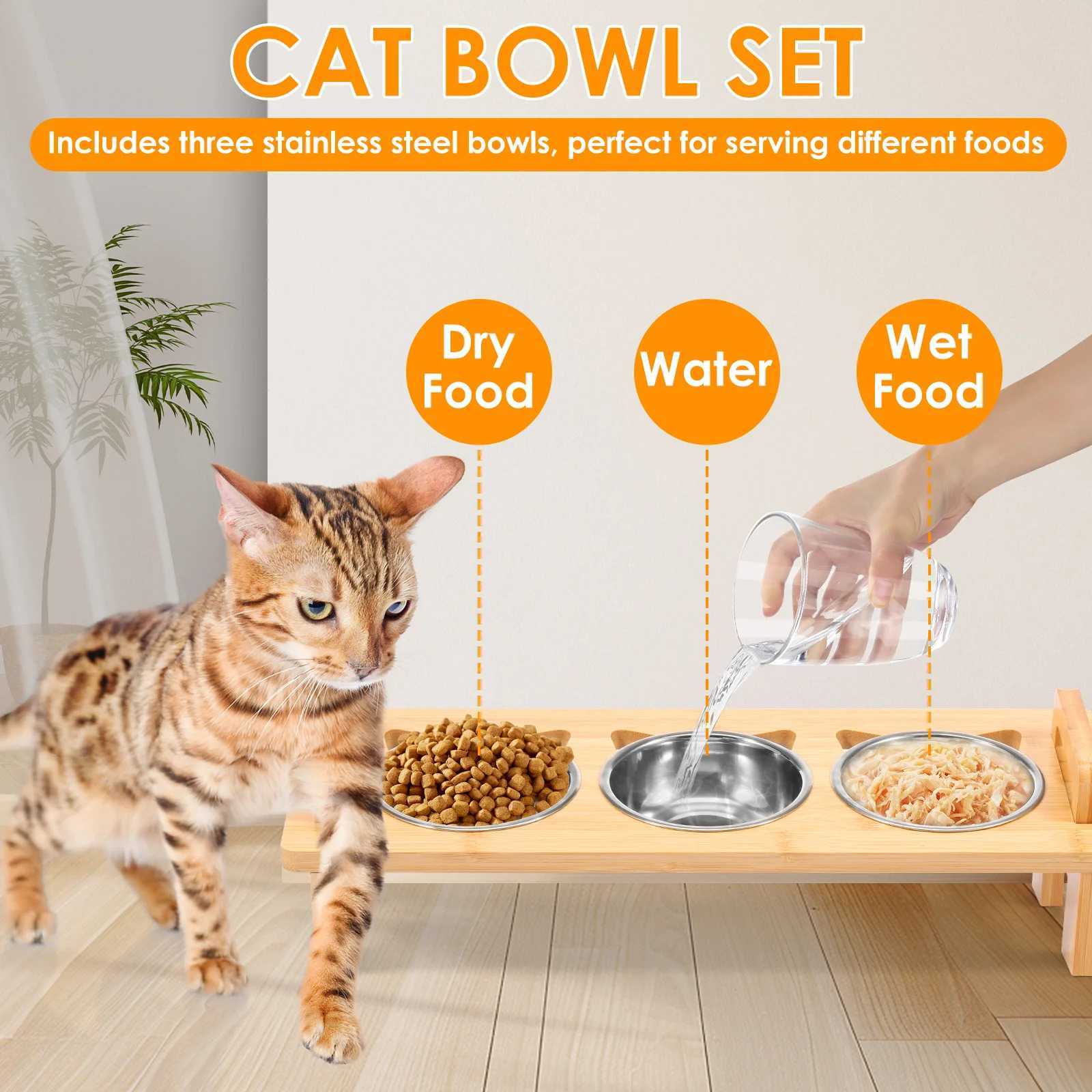 Stainless Steel Elevated Cat feeder Bowl Stand with 3 Dishes Feeder for Dry Wet Food Water AntiSlip Double Handl Cat accessories C251009