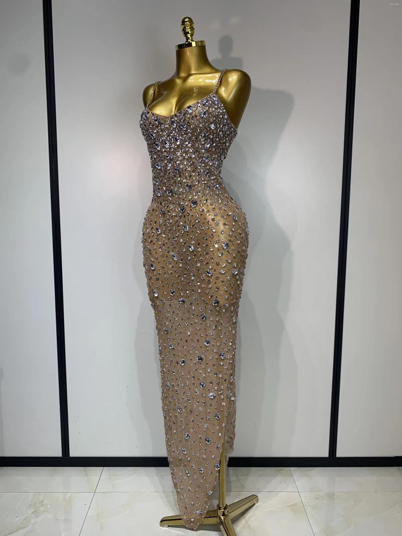 Casual Dresses Luxury Rhinestones Sexy Mesh See Through Bodycon Dress Women Birthday Evening Cocktail Party Gown Red Carpet Club Stage