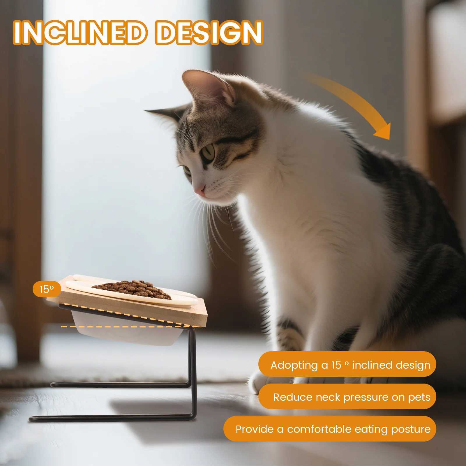 Elevated Cat Bowls Pet Feeder 15 Tilted Raised Cat Food Bowls with Wooden Stand Easy Cleaning Detachable Cat Food Bowl Kit C251009