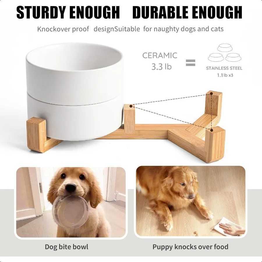 White Ceramic Dog Cat Bowl Set 135 OZ with Wooden Stand NonSlip Elevated Design for Small Dogs Cats 2 Bowls Food Water Ceramic C251009