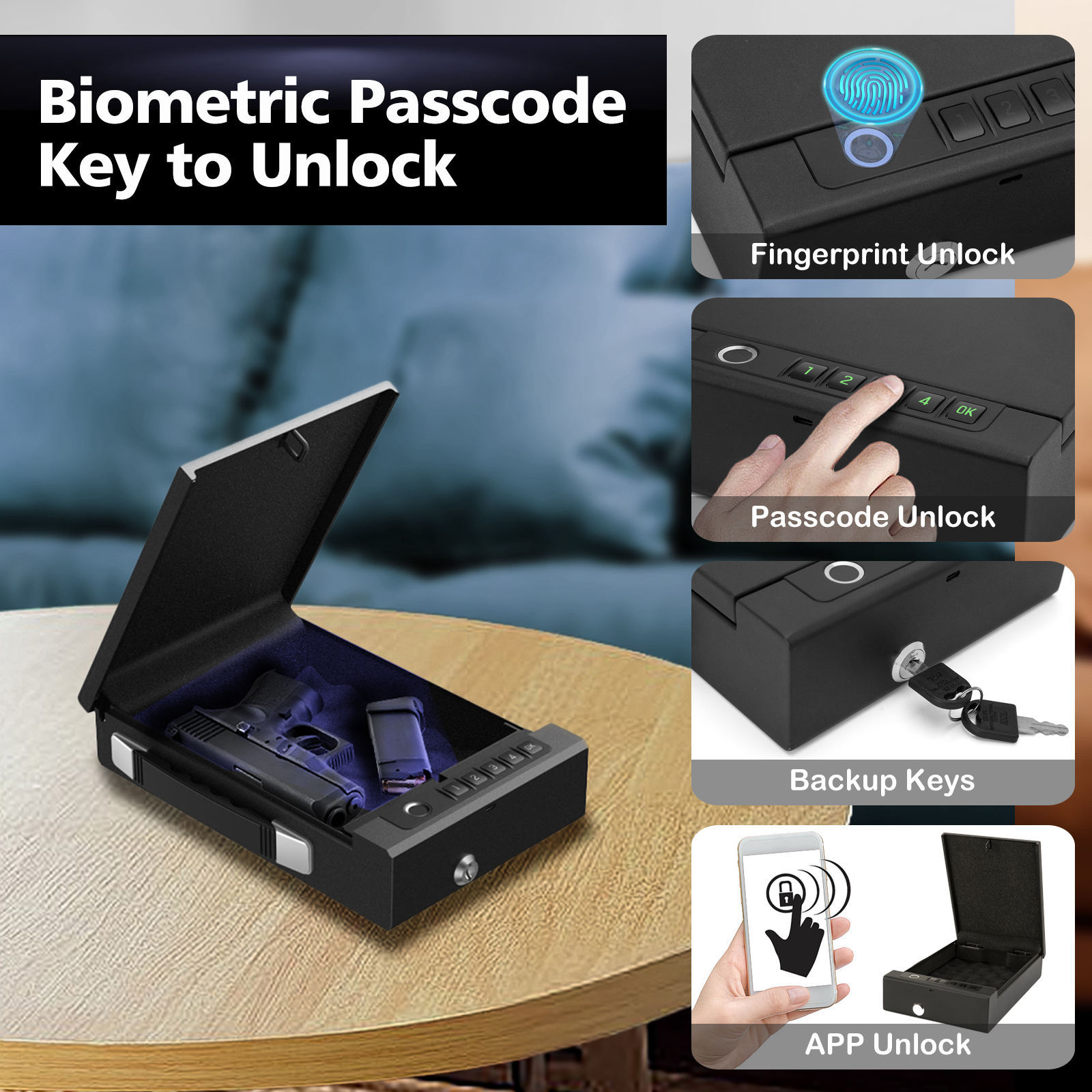 Gun cabinet biometric gun cabinet for handguns, fingerprint digital password key Bluetooth control unlock handheld gun box multi-purpose safe