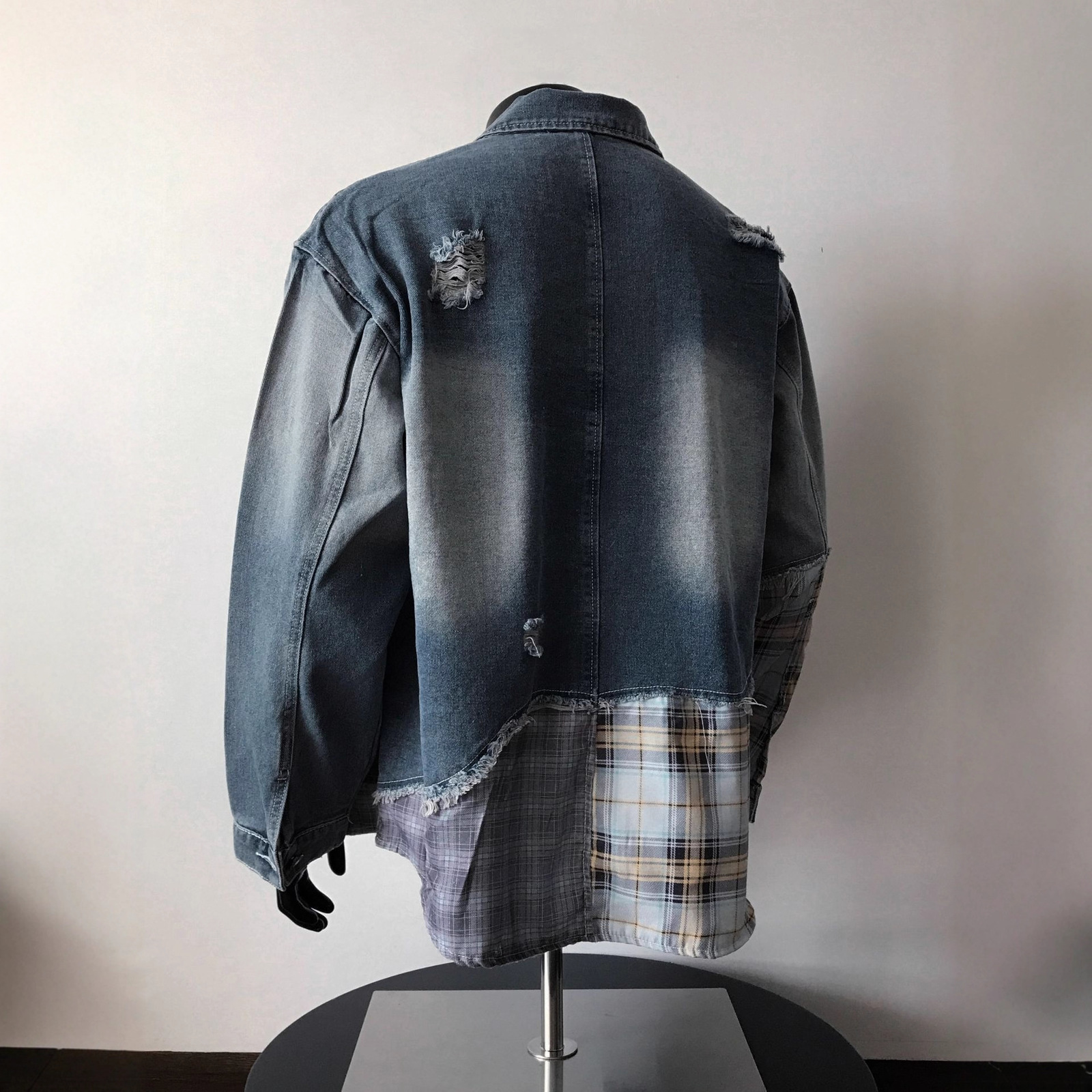 ABOORUN Hi Street Ripped Patchwork Denim Jackets Mens Vintage Turtleneck Cotton Coat 250806