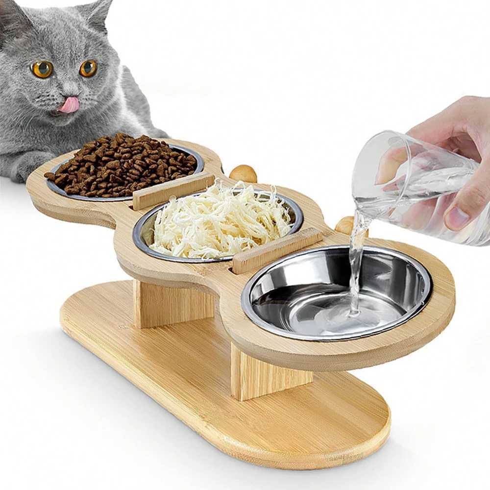 Cat 3 Bowls in 1 Feeder Feeding Watering Supplies Food Bowl 15Degree Tilt Raised Puppy 3 Stainless Steel Bowls Wood Brackets C251009