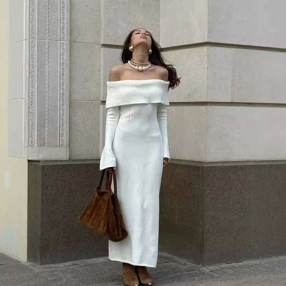 Sexy Autumn Winter Sweater Turn-Down Collar Off-Shoulder Knitted Dress B5