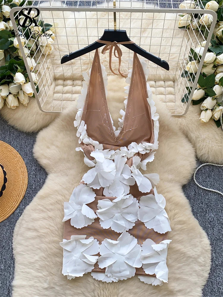 SINGREINY High Quality 3D Floral Dress Female Halter Sleeveless Backless sweet Dress French Short Cocktail Sundress 251010