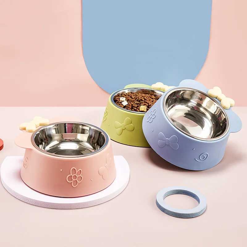 A pet bowl pet stainless steel feeding bowl cat bowl feeding bowl bottom nonslip design cartoon bow style dog bowl pet bowl C251009
