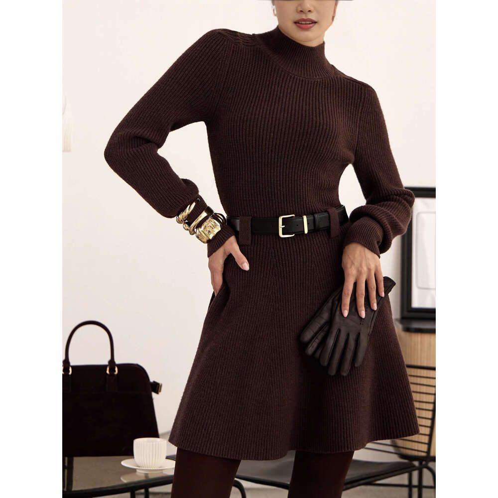 High Neck Autumn Winter Knitted Sexy Sweater Base Layer Waist-Cinching Thickened Dress B5