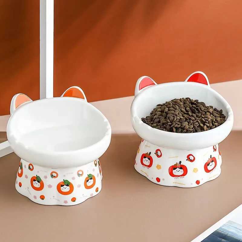 Ceramic Elevated Cat Bowl with Floral Rim Large Capacity Tilted Pet Dish for Neck Prevents Chin Acne AntiTip Base C251009