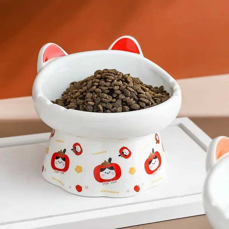 Ceramic Elevated Cat Bowl with Floral Rim Large Capacity Tilted Pet Dish for Neck Prevents Chin Acne AntiTip Base C251009