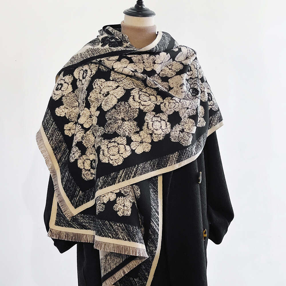 New Camellia Jacquard Imitation Cashmere Scarf for Women with Short Tassels, High-End Black Shawl