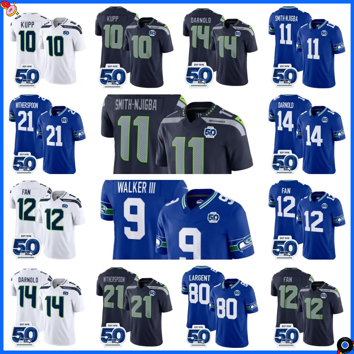 NFL Seahawks Football Jersey 50th Jaxon Smith-Njigba 12 Fan Devon Witherspoon Steve Largent Kenneth Walker III Sam Darnold Cooper Kupp