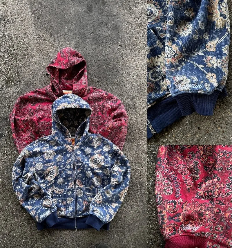 High Street Retro Harajuku Cashew Flower Zipper Hoodie Men Trendy Casual Streetwear Hip Hop Knicky Sweatshirt Women 251010