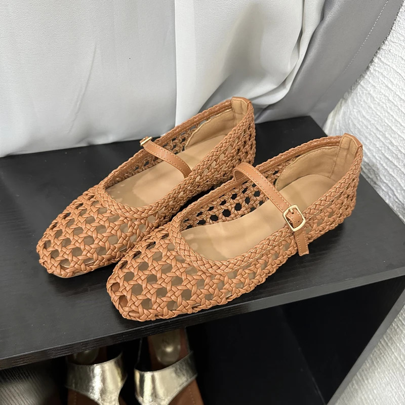 SUOJIALUN 2025 Summer Women Flat Shoes Fashion Weave Hollow Slip On Mary Jane Ballet Ladies Flats Soft Dress Single S 251009