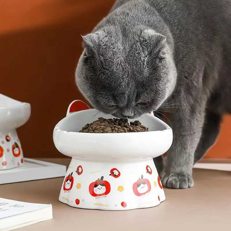 Ceramic Elevated Cat Bowl with Floral Rim Large Capacity Tilted Pet Dish for Neck Prevents Chin Acne AntiTip Base C251009