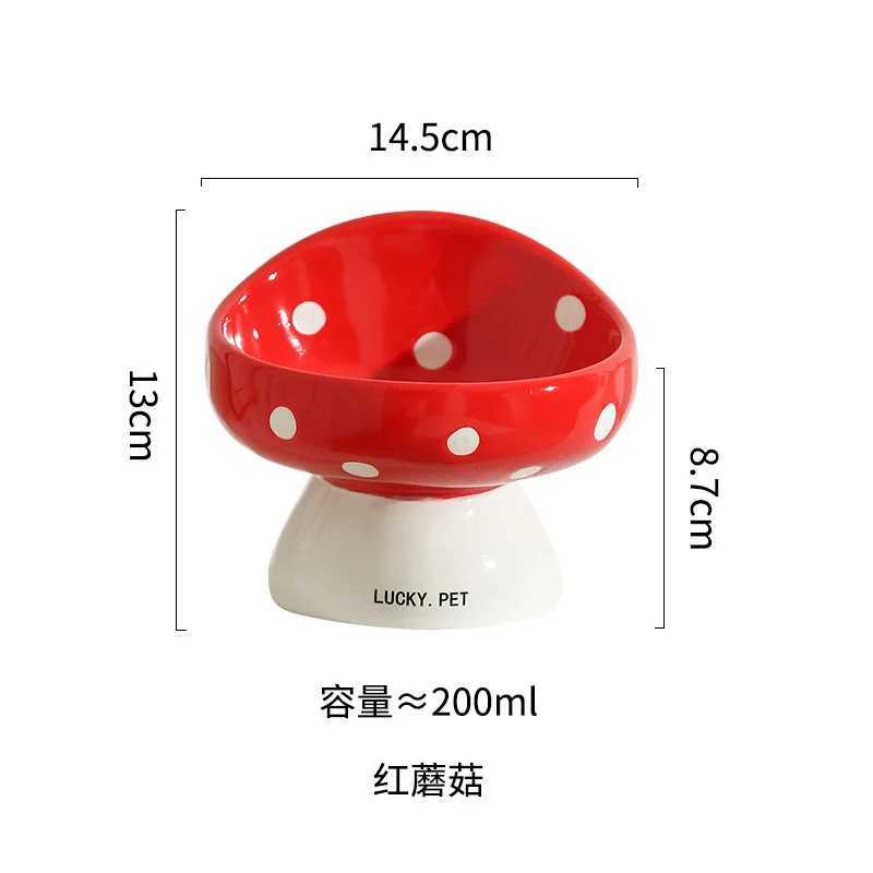 Mushroom cat bowl ceramic neck protection pet cat dog slanted mouth anti knock anti black chin high foot bowl C251009