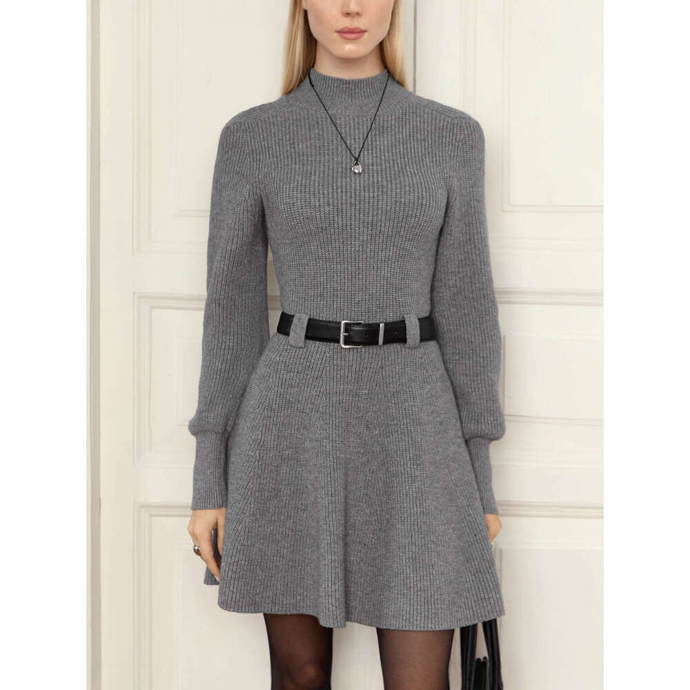 High Neck Autumn Winter Knitted Sexy Sweater Base Layer Waist-Cinching Thickened Dress B5