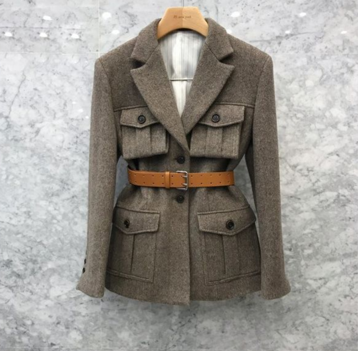 New women fashion brown color wool coat turn down collar sashes desinger slim waist woolen casacos SMLXLXXL