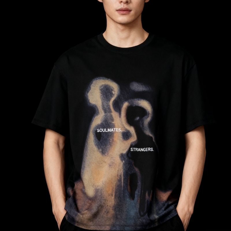 Men's Artistic "Soulmates & Strangers" Graphic Oversized T-Shirt - Abstract Print Casual Tee-38