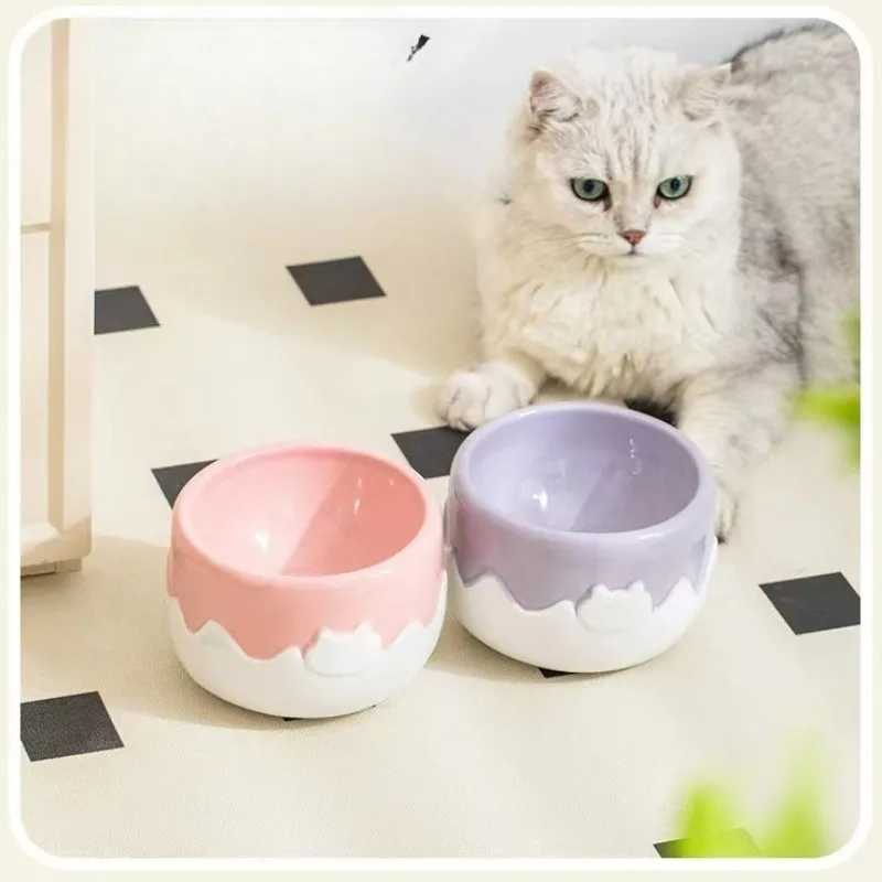 Ceramic Pet Bowl Wide Mouth Elevated Feeder NonSpill Cat Dog Food Water Dish for Eating Drinking with Neck Suppor C251009