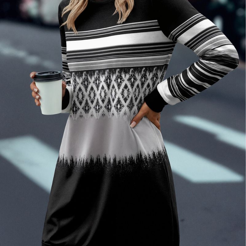 Women's Autumn Winter New Floral Printed Crew Neck Long - Sleeve Dress - Versatile Commute Dress-CF56275