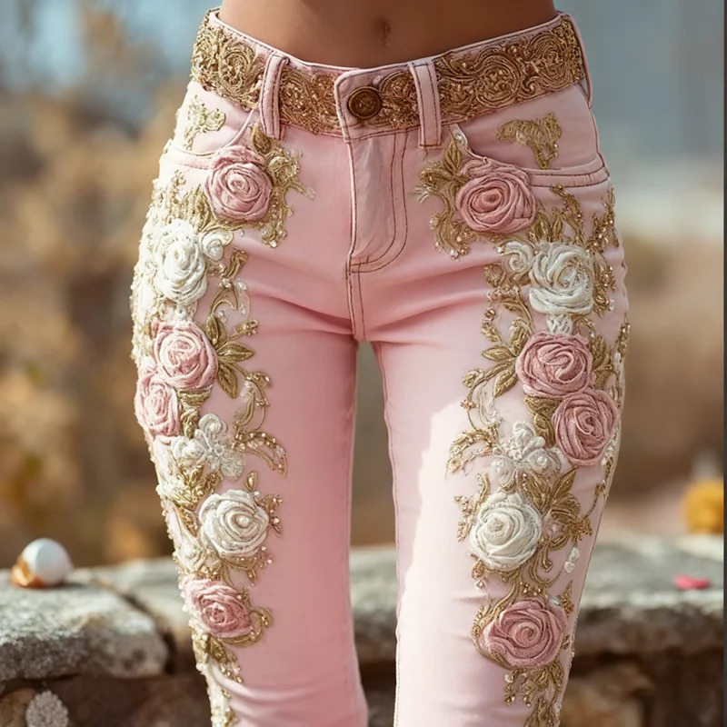 Romantic Pink Rose Flower Print Jeans Vintage Elegant Buttoned Womens Pants Autumn High Waist Slim Chic Trousers Harajuku Mujer 251010