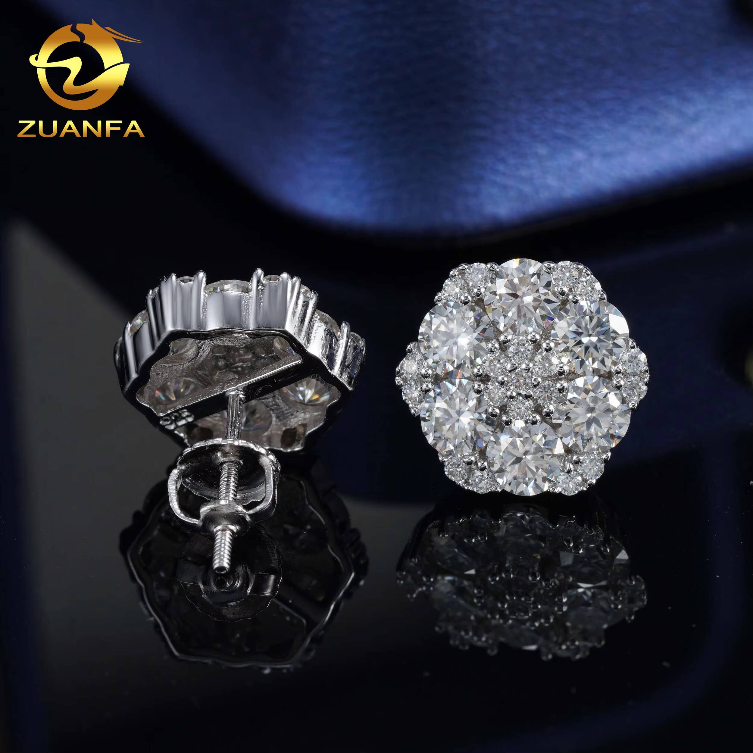 Hip Hop 14K Real White Gold Round Lab Diamond Cluster Flower Earrings EverLasting Gift for Women Men Fine Jewelry