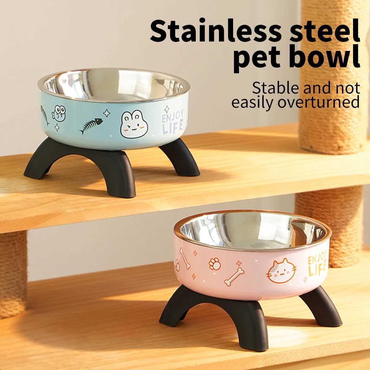 A cartoon printed highlegged pet bowl largecapacity stainless steel dog bowl neckprotecting cat bowl universal fashion and C251009