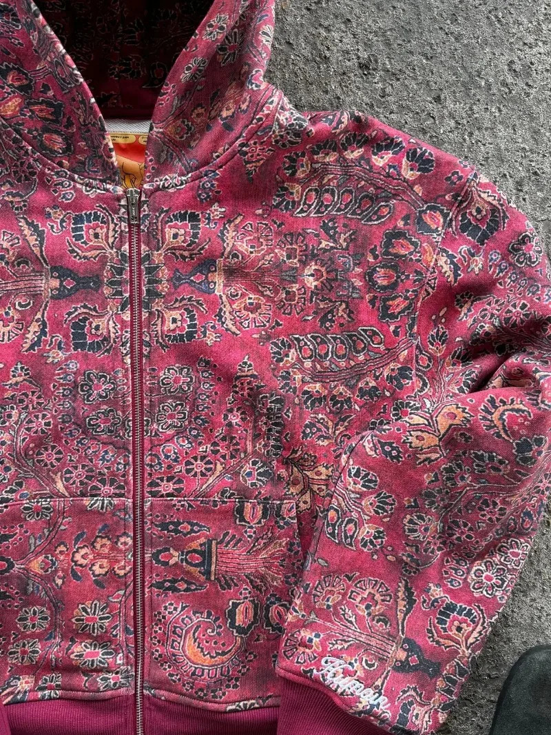 High Street Retro Harajuku Cashew Flower Zipper Hoodie Men Trendy Casual Streetwear Hip Hop Knicky Sweatshirt Women 251010