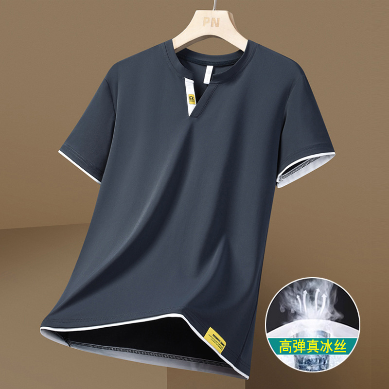 Ice Silk Short Sleeve T-shirt For Men Summer New Sports Fitness High Elasticity Quick-dry V-neck Loose Plus Size Designer Hoodie Designer Shirt Half Sleeve Top