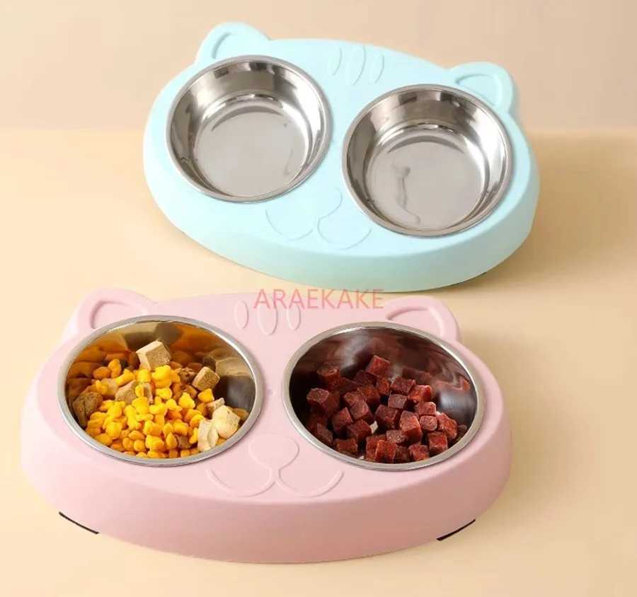 1pcs Pet Double Bowl Plastic Kitten Dog Food Drinking Tray Feeder Cat Feeding Pet Supplies Accessories bowl C251009
