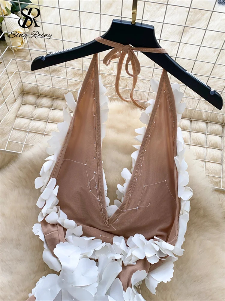 SINGREINY High Quality 3D Floral Dress Female Halter Sleeveless Backless sweet Dress French Short Cocktail Sundress 251010